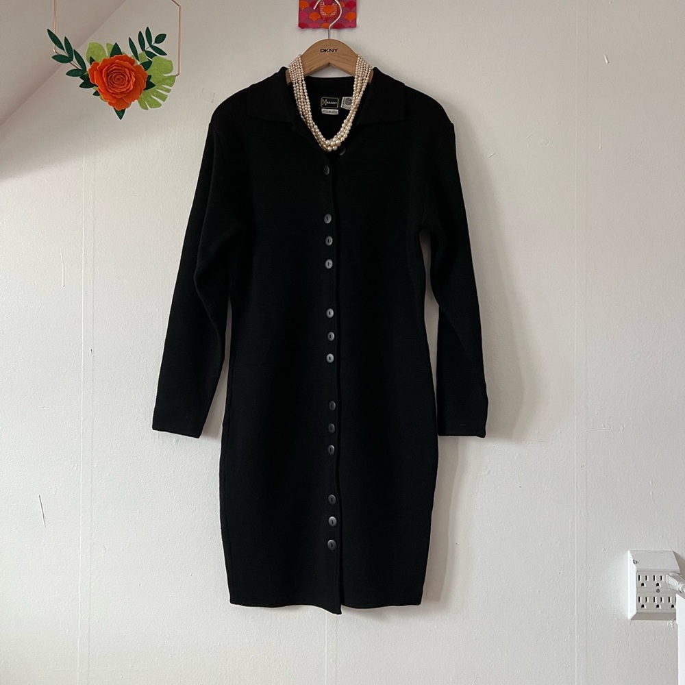 EUC VTG 90s Hazout black wool sweater dress long cardigan button down MINT
